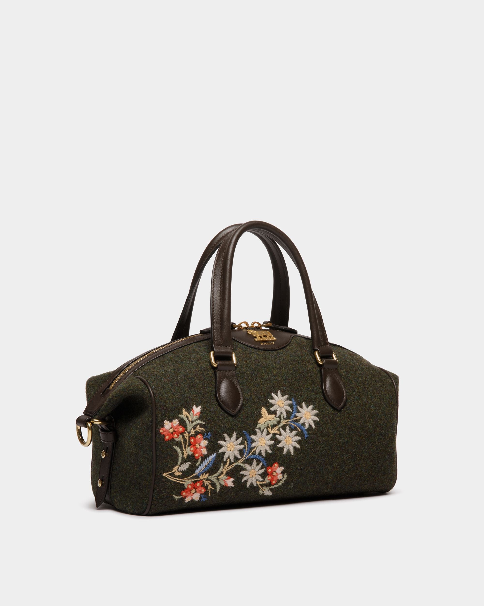 Borsa A Mano Winter Capsule In Lana Verde Scuro E Pelle Color Ebano Con Ricamo Alpine Flowers - Donna - Bally - 04