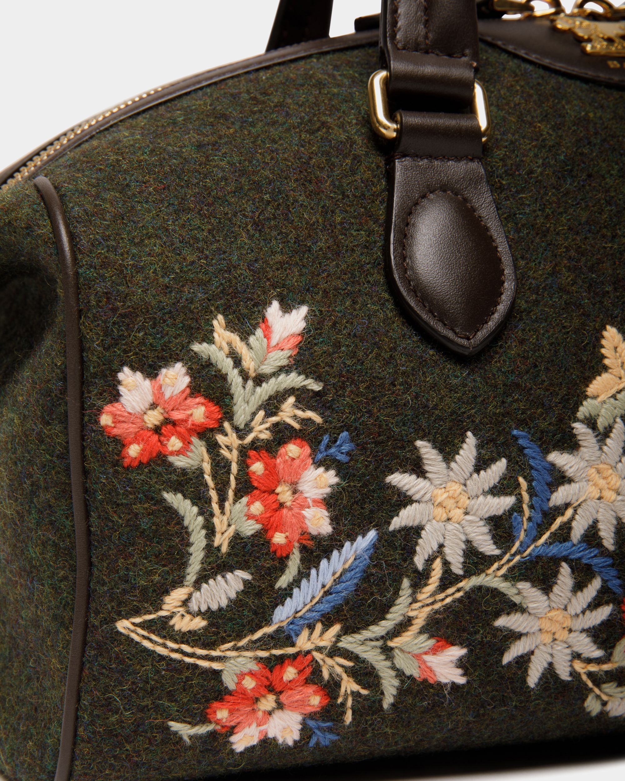 Borsa A Mano Winter Capsule In Lana Verde Scuro E Pelle Color Ebano Con Ricamo Alpine Flowers - Donna - Bally - 05