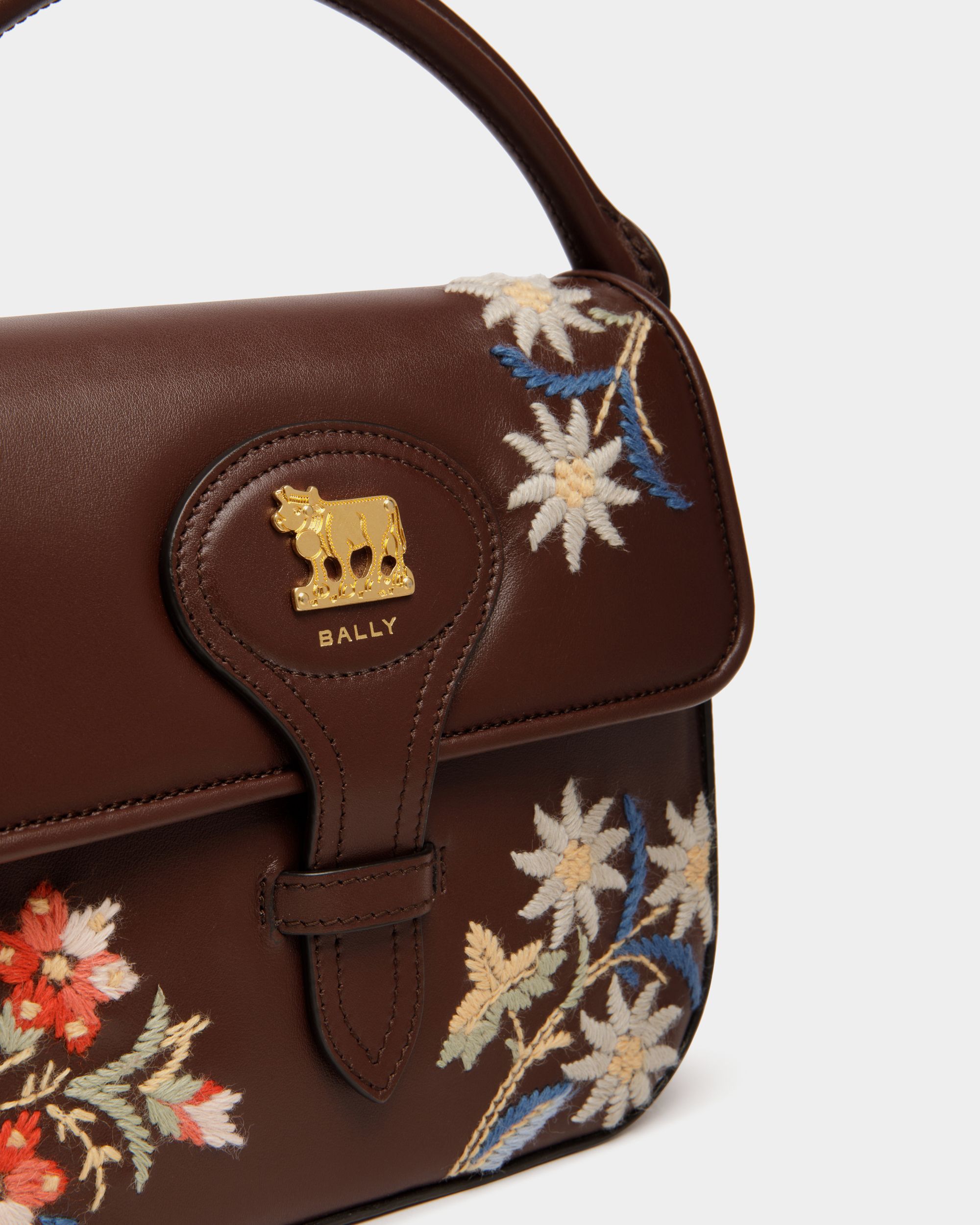 Borsa Mini Winter Capsule In Pelle Color Castagno Con Ricamo Alpine Flowers - Donna - Bally - 05