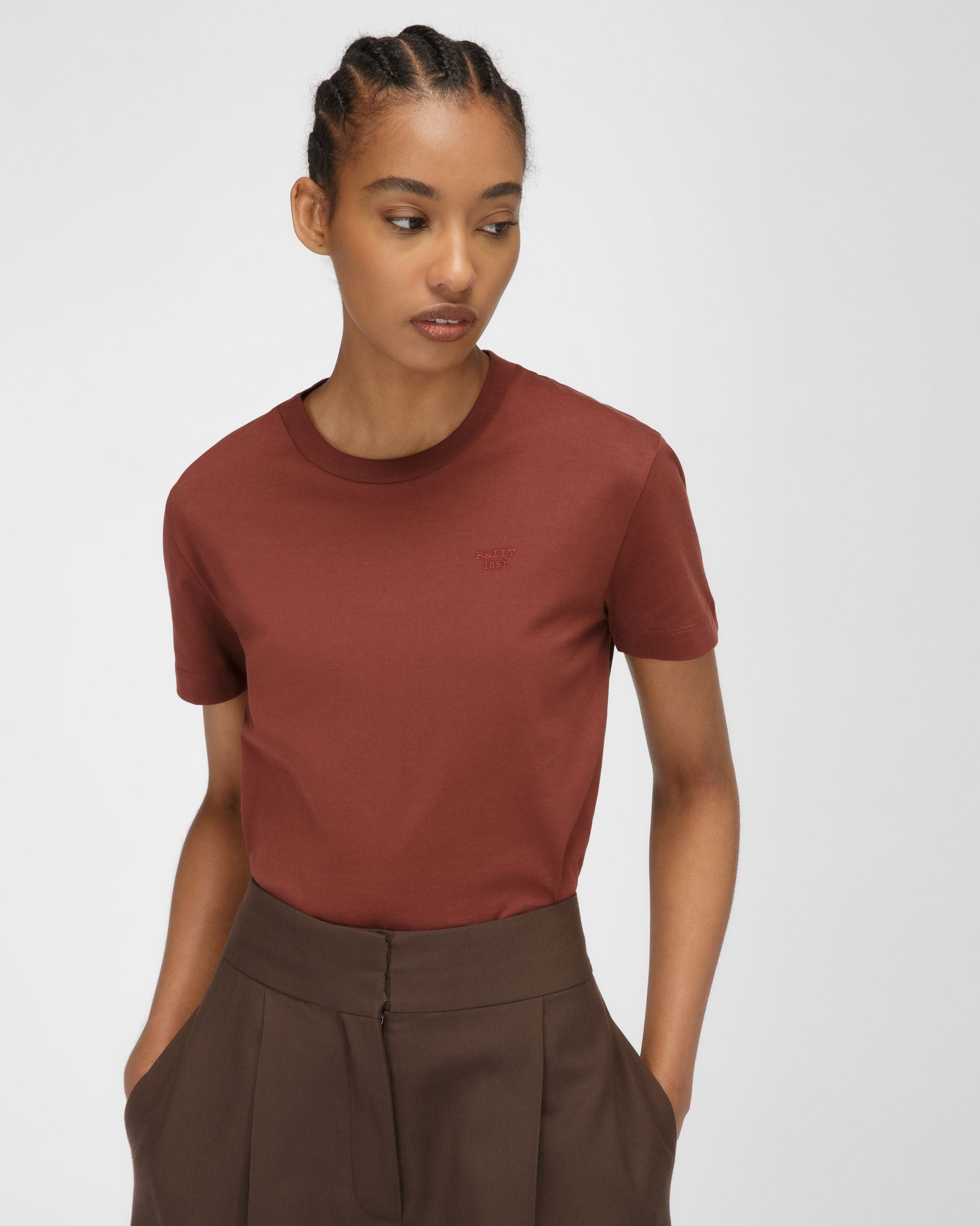T-Shirt Con Logo Ricamato In Cotone Biologico Color Rosso Antico - Donna - Bally - 01