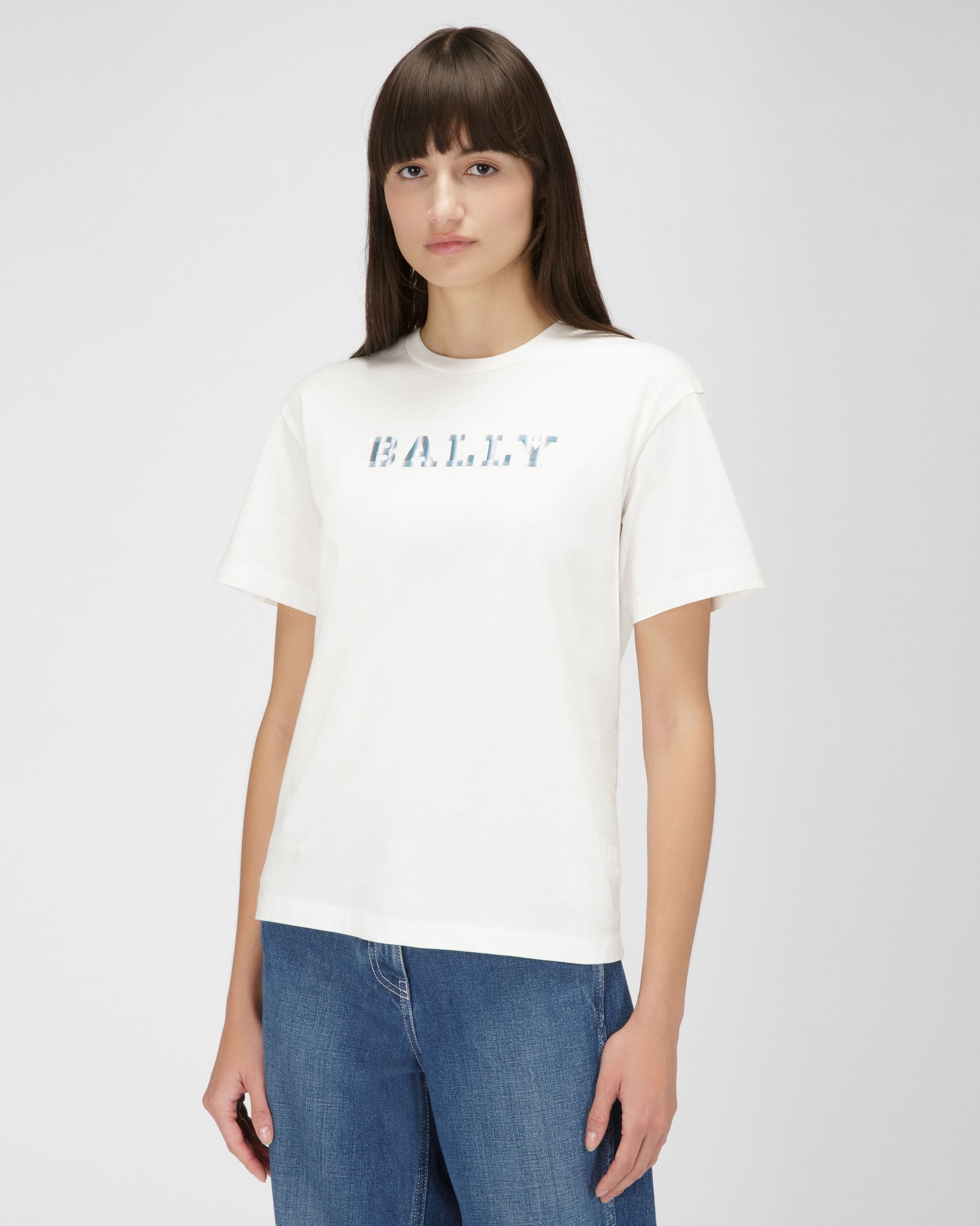 T-Shirt Con Logo Su Banda In Cotone Biologico Color Avorio - Donna - Bally - 01