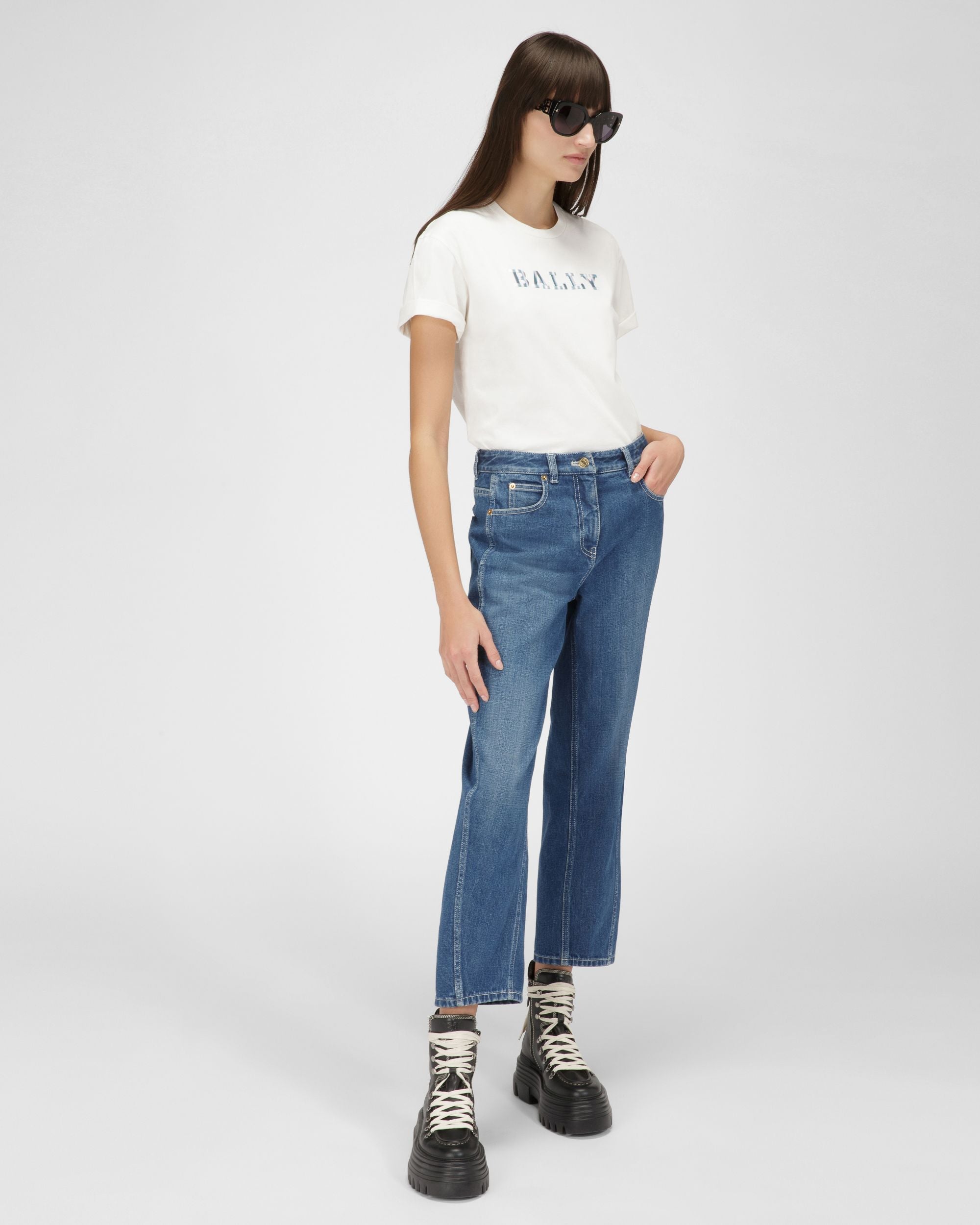 T-Shirt Con Logo Su Banda In Cotone Biologico Color Avorio - Donna - Bally - 05