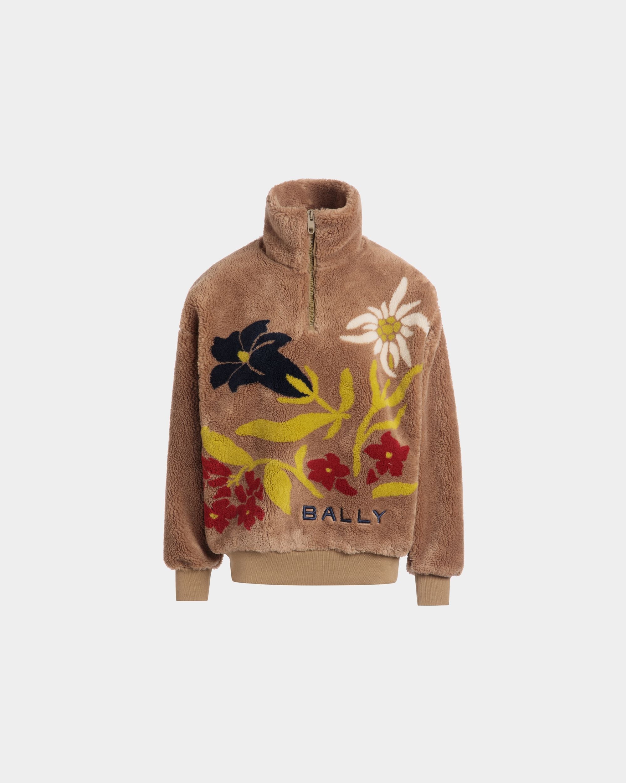 Felpa Con Zip Corta Winter Capsule In Pile Color Cammello Con Motivo Alpine Flowers - Donna - Bally - 01