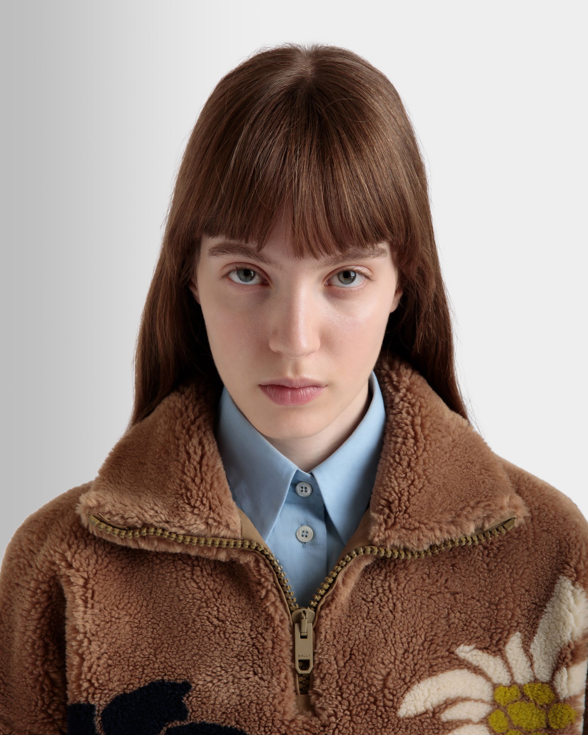 Felpa Con Zip Corta Winter Capsule In Pile Color Cammello Con Motivo Alpine Flowers - Donna - Bally - 03