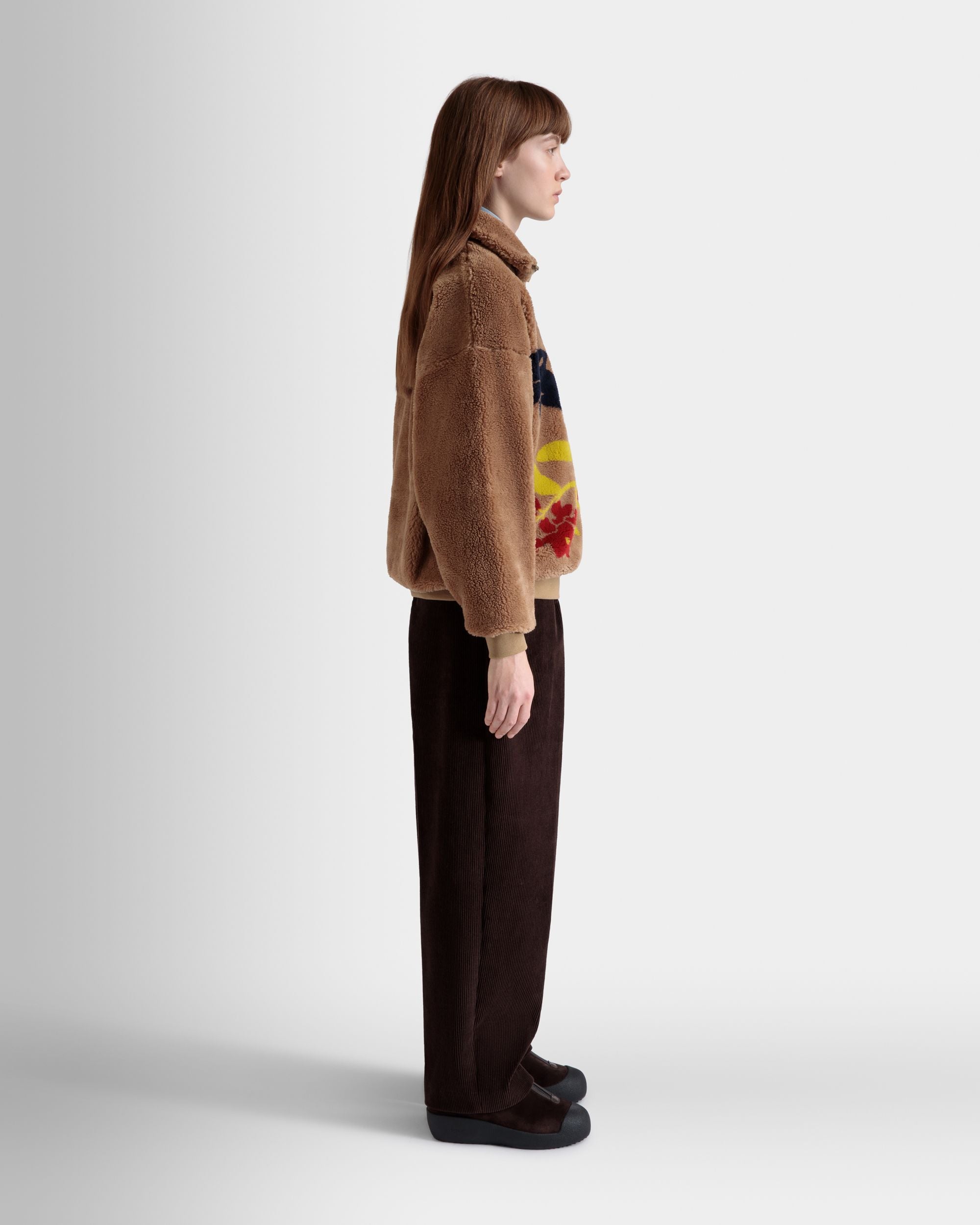 Felpa Con Zip Corta Winter Capsule In Pile Color Cammello Con Motivo Alpine Flowers - Donna - Bally - 05