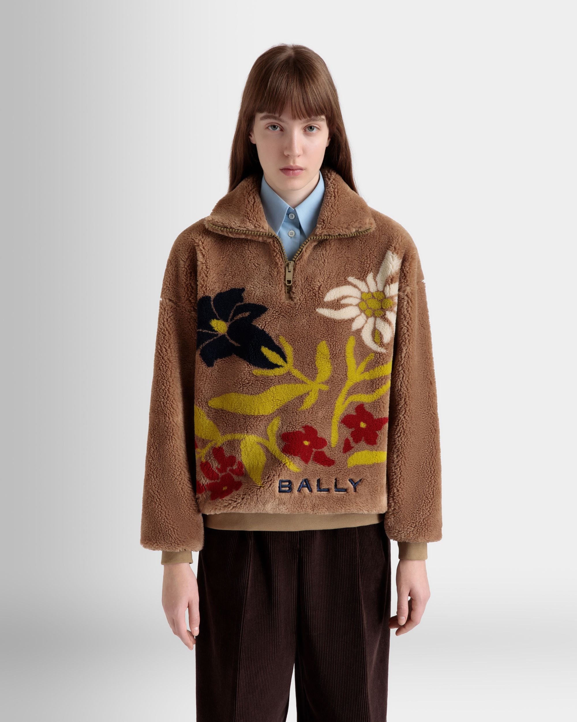Felpa Con Zip Corta Winter Capsule In Pile Color Cammello Con Motivo Alpine Flowers - Donna - Bally - 08