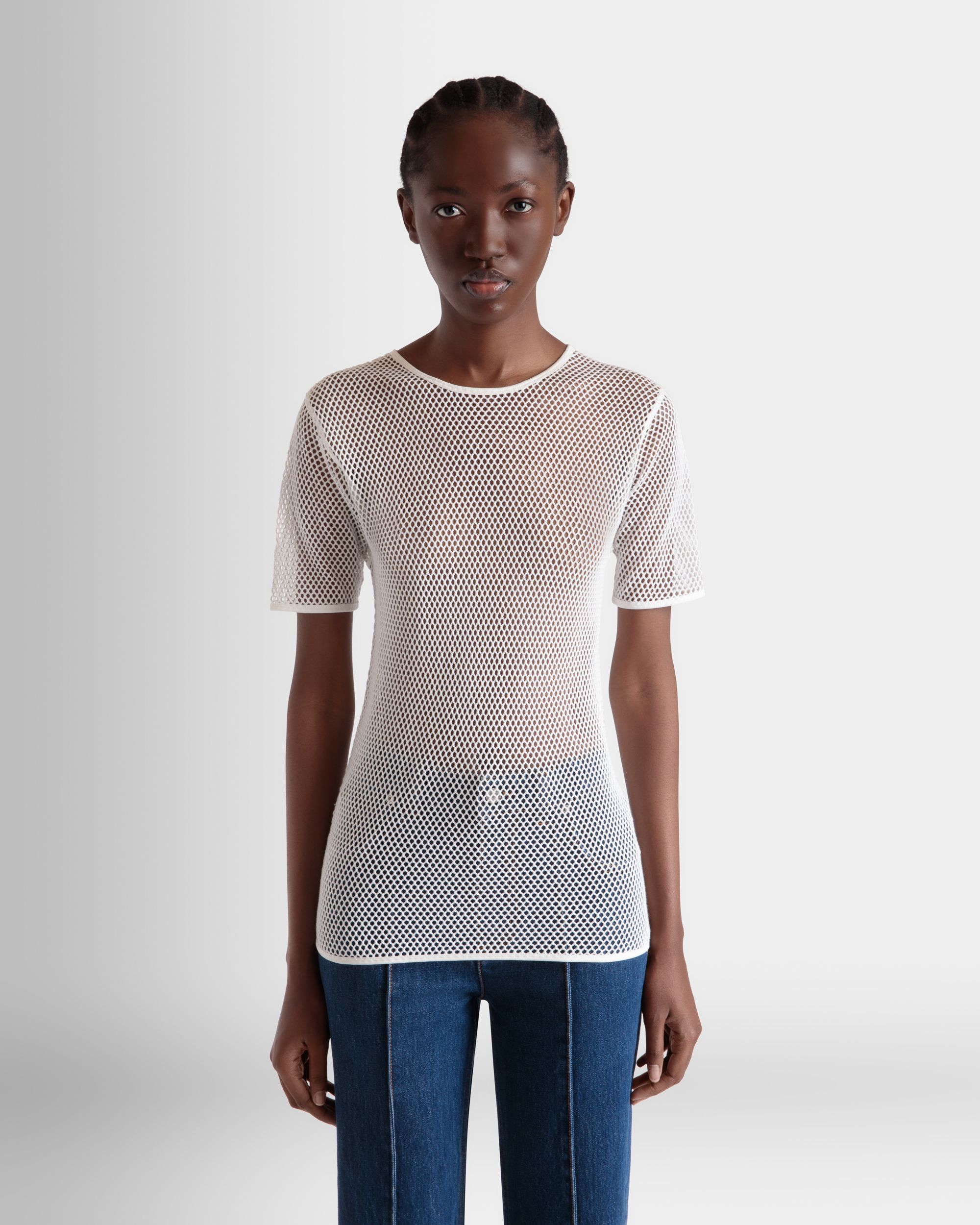 T-Shirt In Mesh Di Cotone Bianco - Donna - Bally - 08