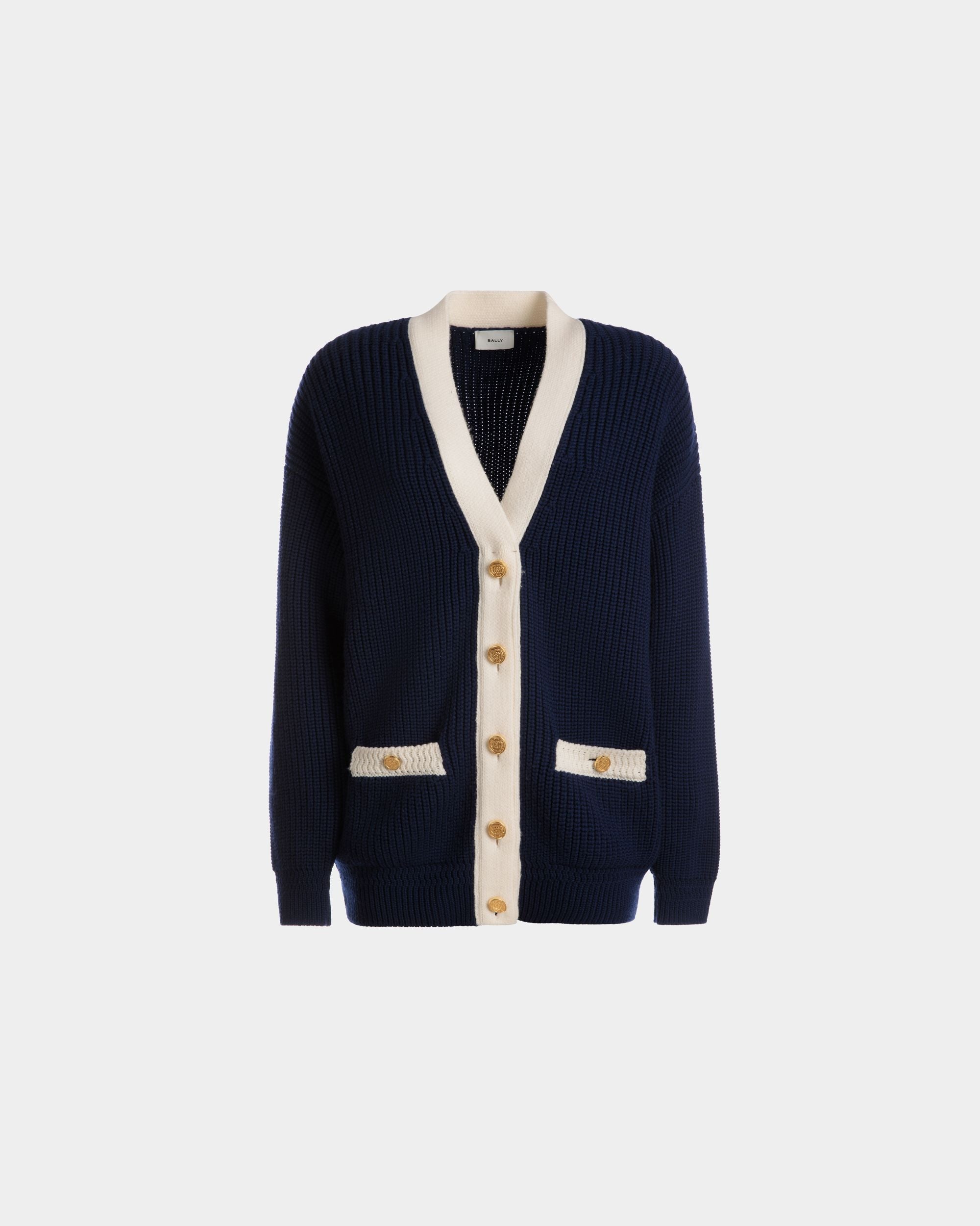 Cardigan Con Scollo A V In Lana Blu Marino - Donna - Bally - 01