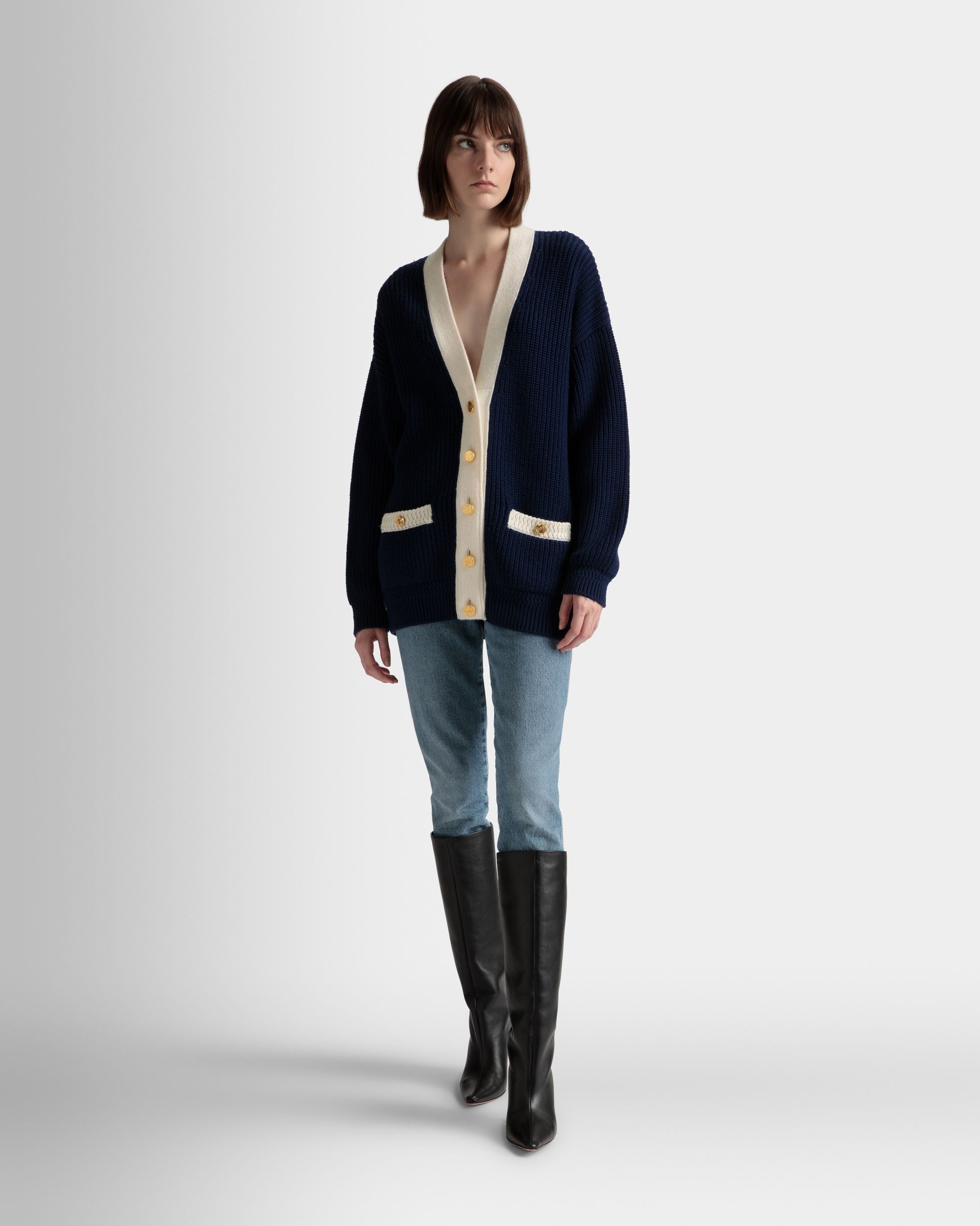 Cardigan Con Scollo A V In Lana Blu Marino - Donna - Bally - 02