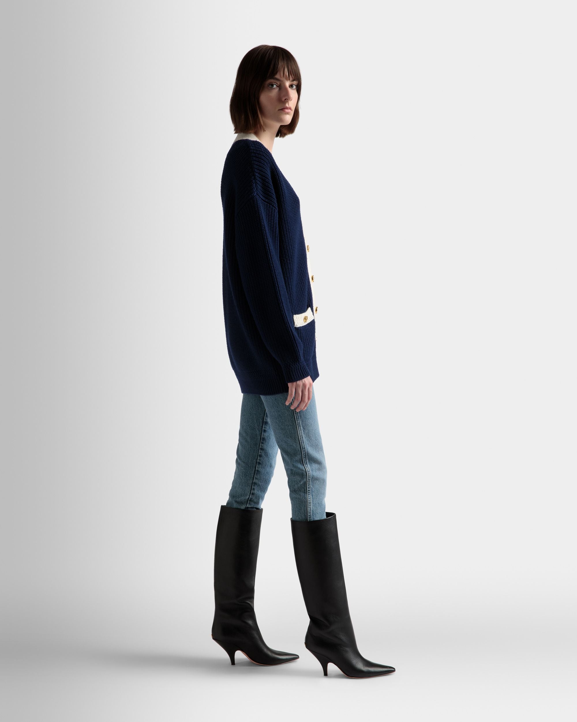 Cardigan Con Scollo A V In Lana Blu Marino - Donna - Bally - 05