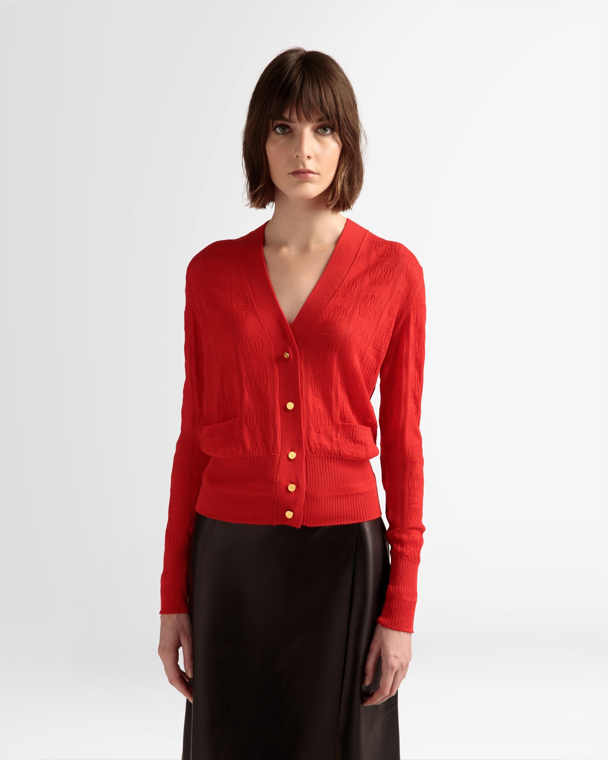 Cardigan Con Dettaglio Lavorato A Maglia In Lana Rubino Scuro - Donna - Bally - 03