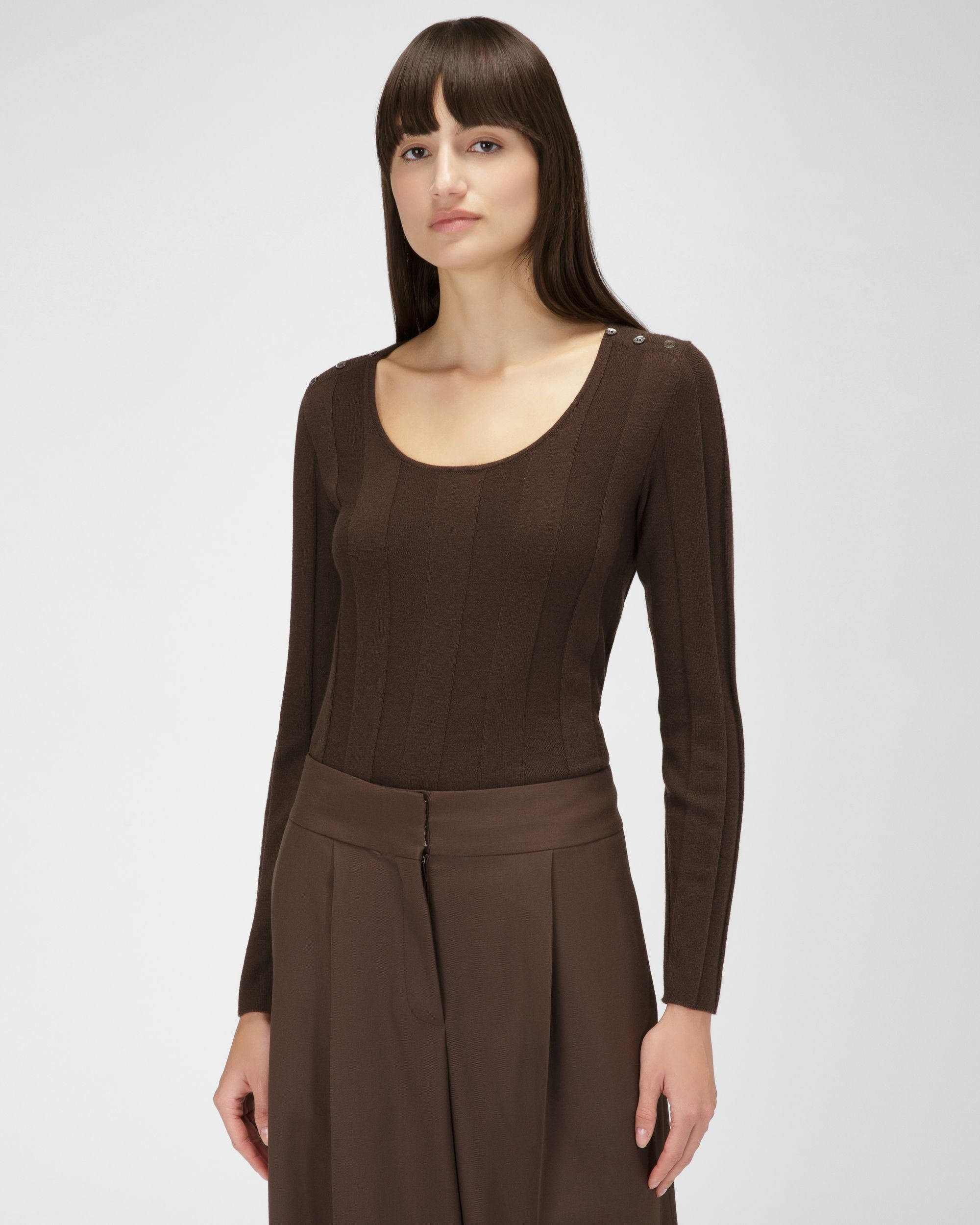 Maglione Girocollo A Coste In Lana Marrone Scuro - Donna - Bally - 01