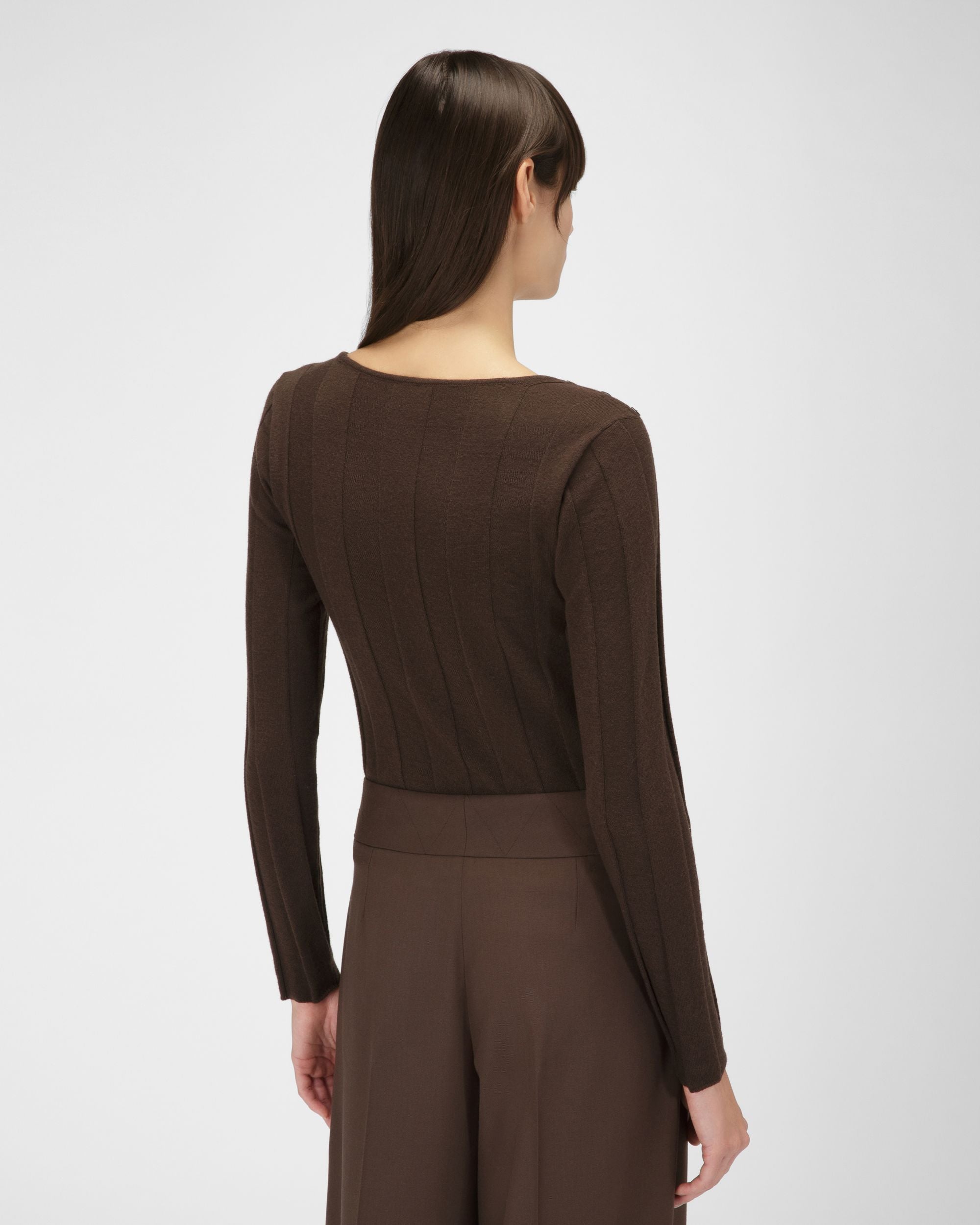 Maglione Girocollo A Coste In Lana Marrone Scuro - Donna - Bally - 03