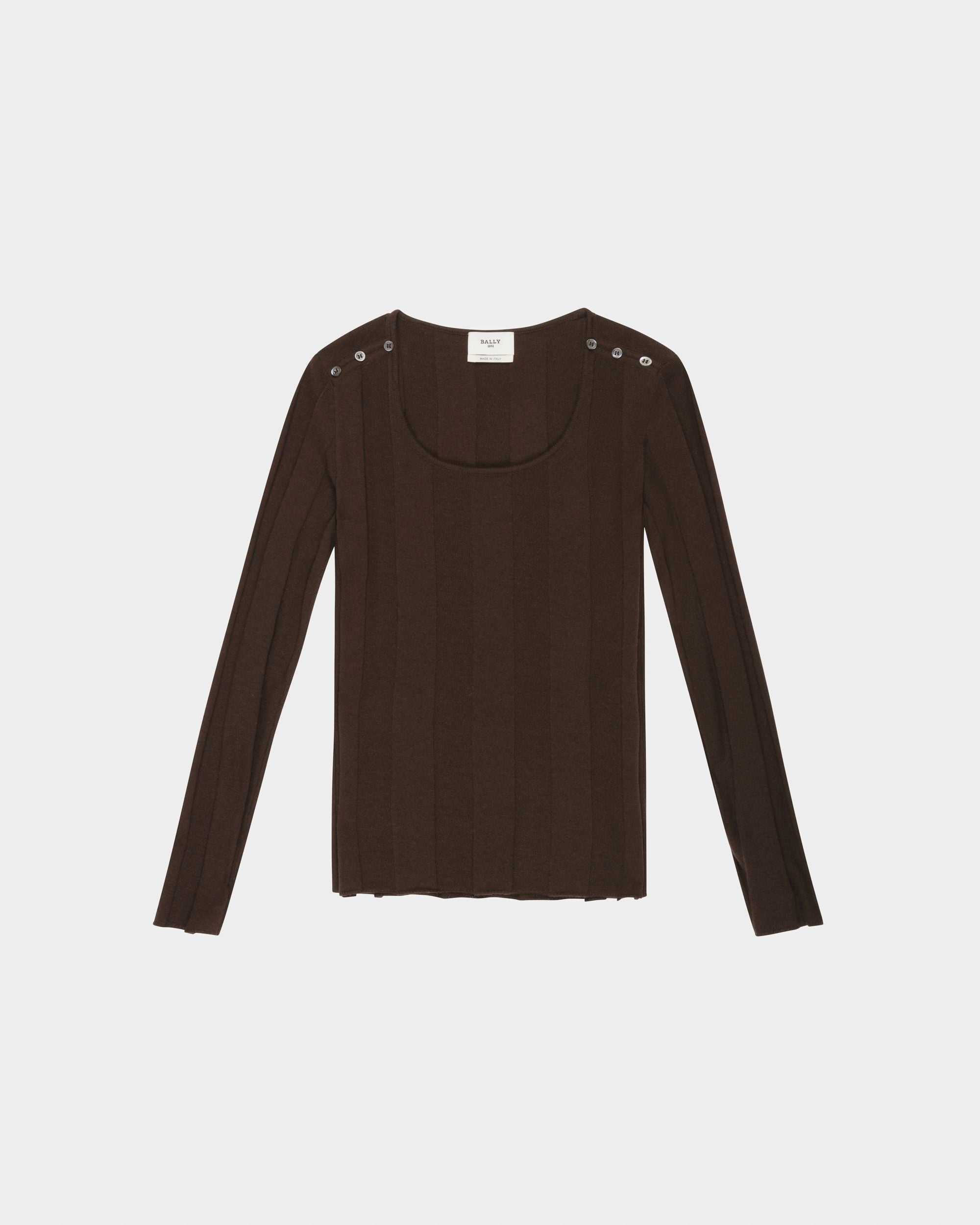 Maglione Girocollo A Coste In Lana Marrone Scuro - Donna - Bally - 04
