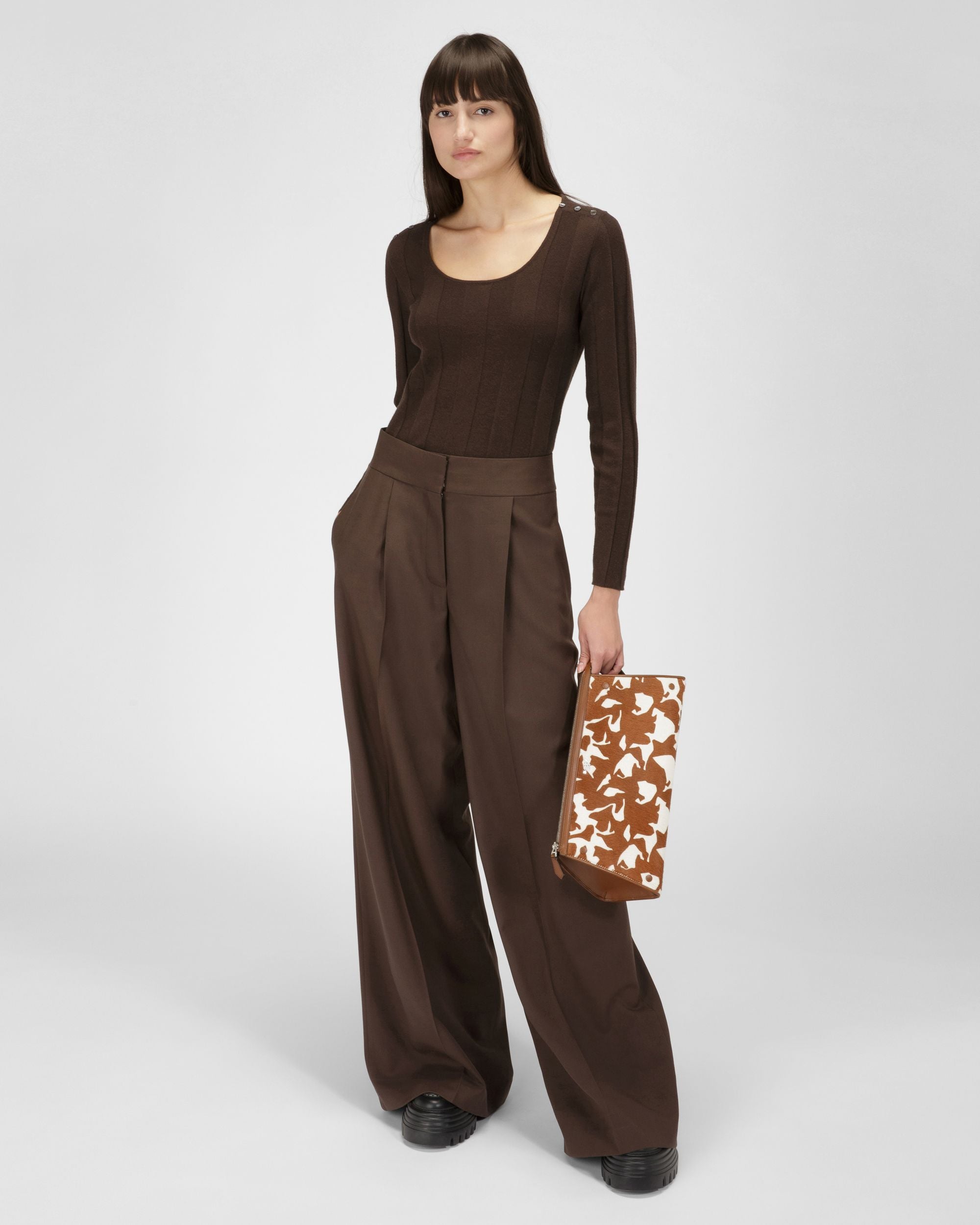 Maglione Girocollo A Coste In Lana Marrone Scuro - Donna - Bally - 05