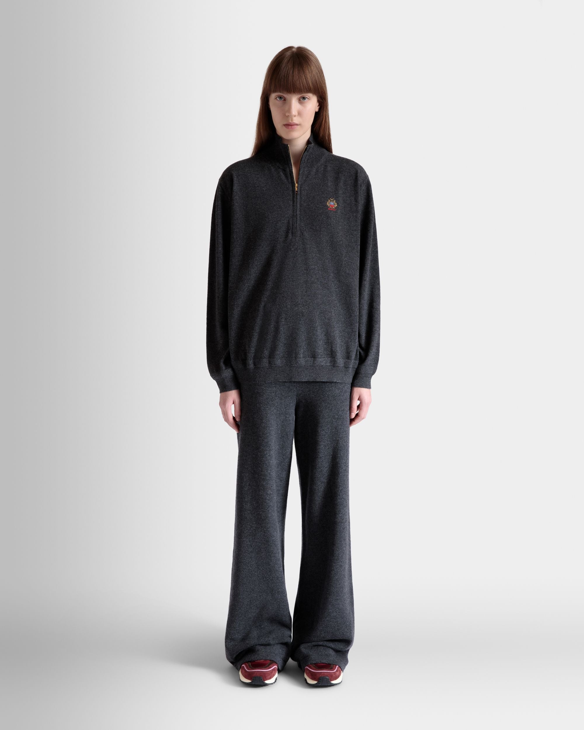 Maglione Con Zip Corta In Lana E Cachemire Grigio Scuro - Donna - Bally - 02
