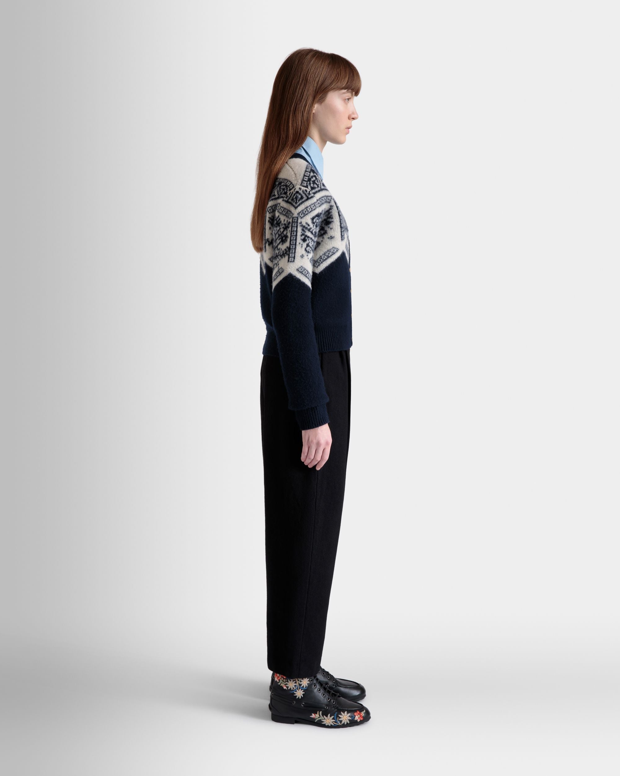 Cardigan Winter Capsule In Lana Navy Blue Con Motivo Heritage Flower - Donna - Bally - 05