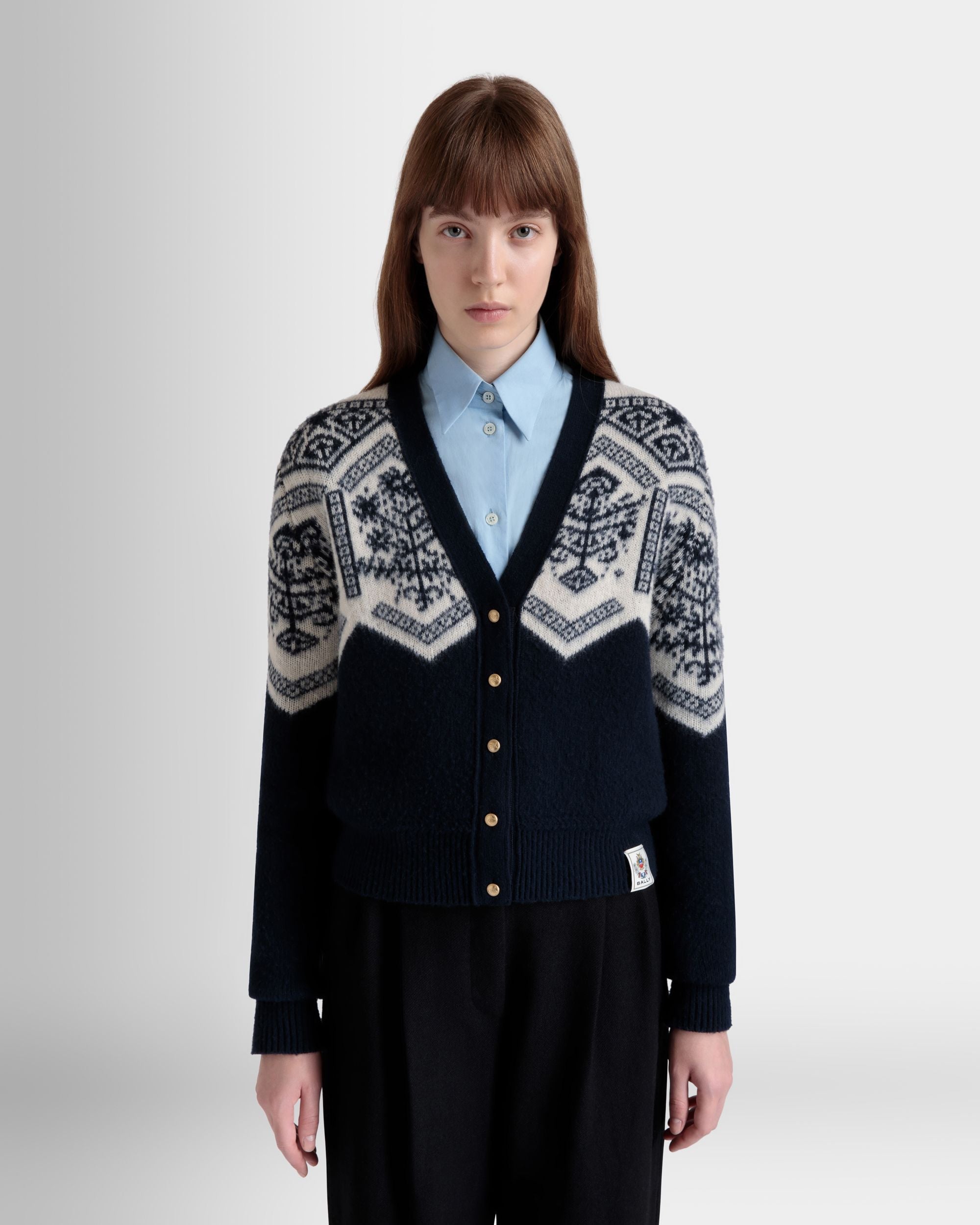 Cardigan Winter Capsule In Lana Navy Blue Con Motivo Heritage Flower - Donna - Bally - 08
