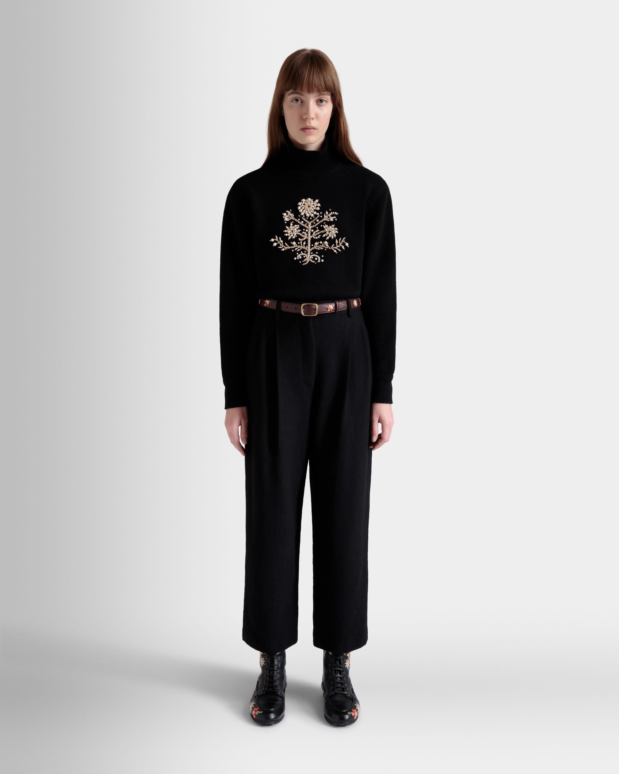 Maglione Dolcevita Winter Capsule In Lana Nera Con Motivo Heritage Flower - Donna - Bally - 02
