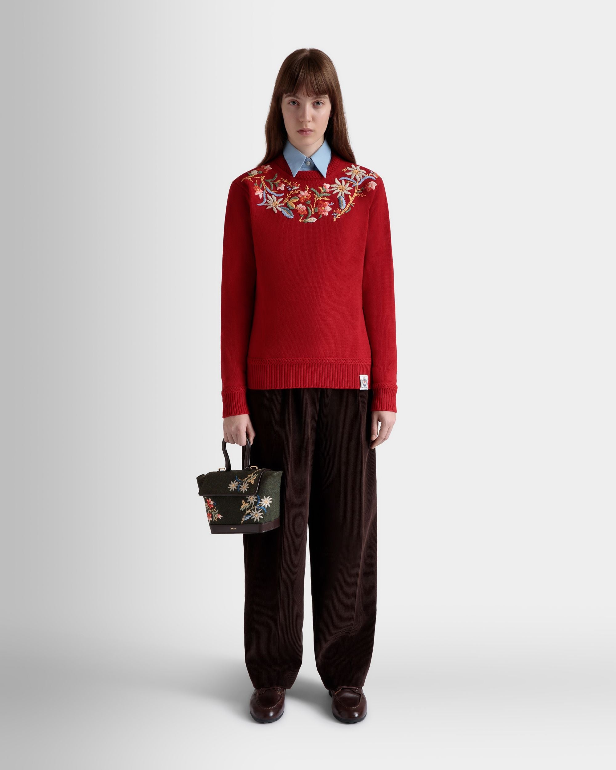 Pullover Girocollo Winter Capsule In Lana Rossa Con Ricamo Alpine Flowers - Donna - Bally - 02