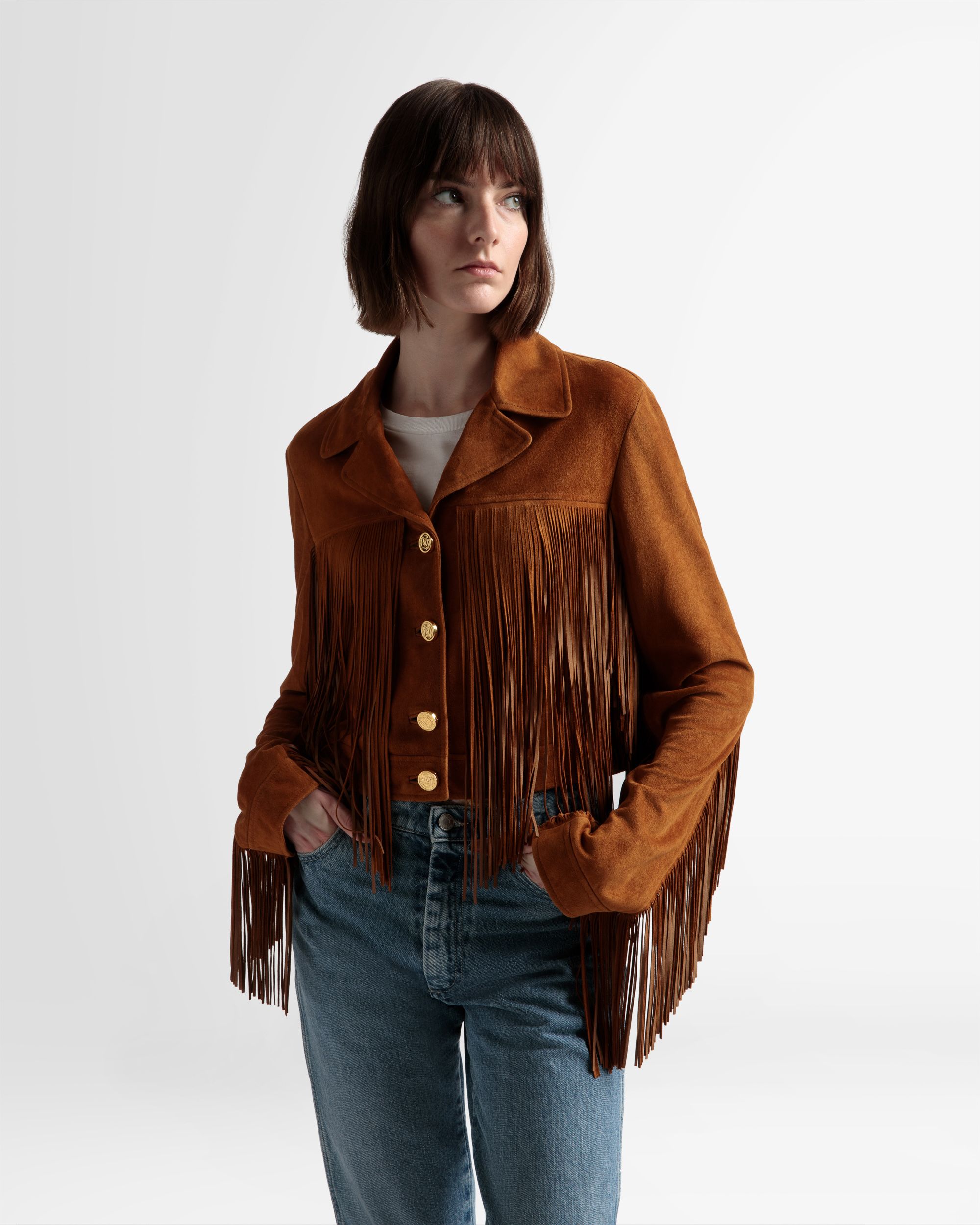Giacca Con Nappine In Pelle Scamosciata Ocra - Donna - Bally - 03