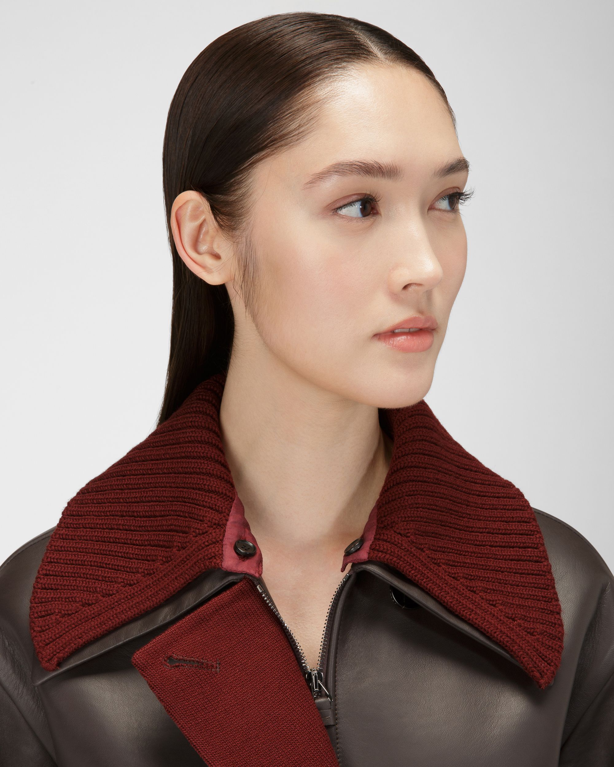 Cappotto In Pelle Marrone Scuro Con Finiture In Maglia - Donna - Bally - 02