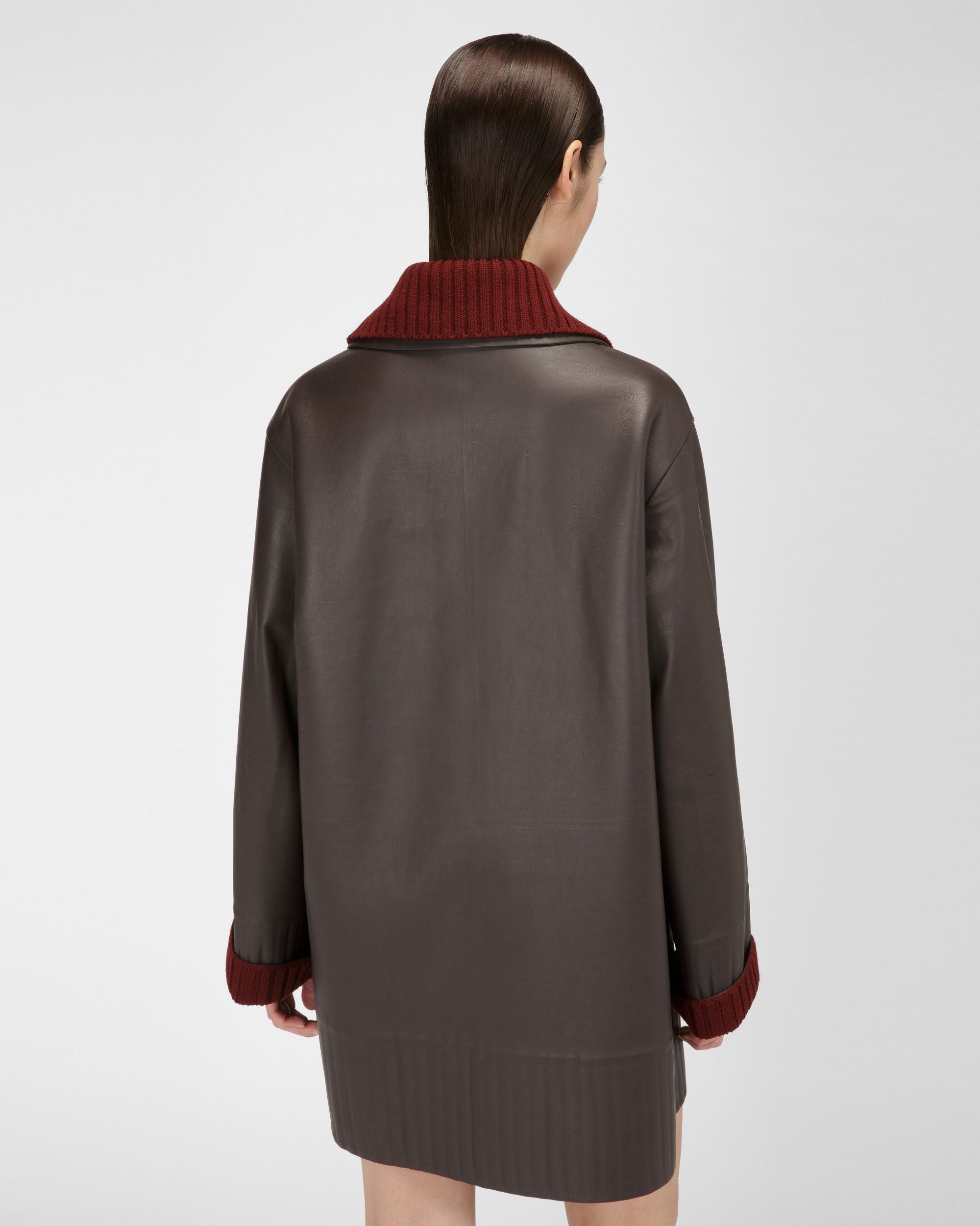Cappotto In Pelle Marrone Scuro Con Finiture In Maglia - Donna - Bally - 03