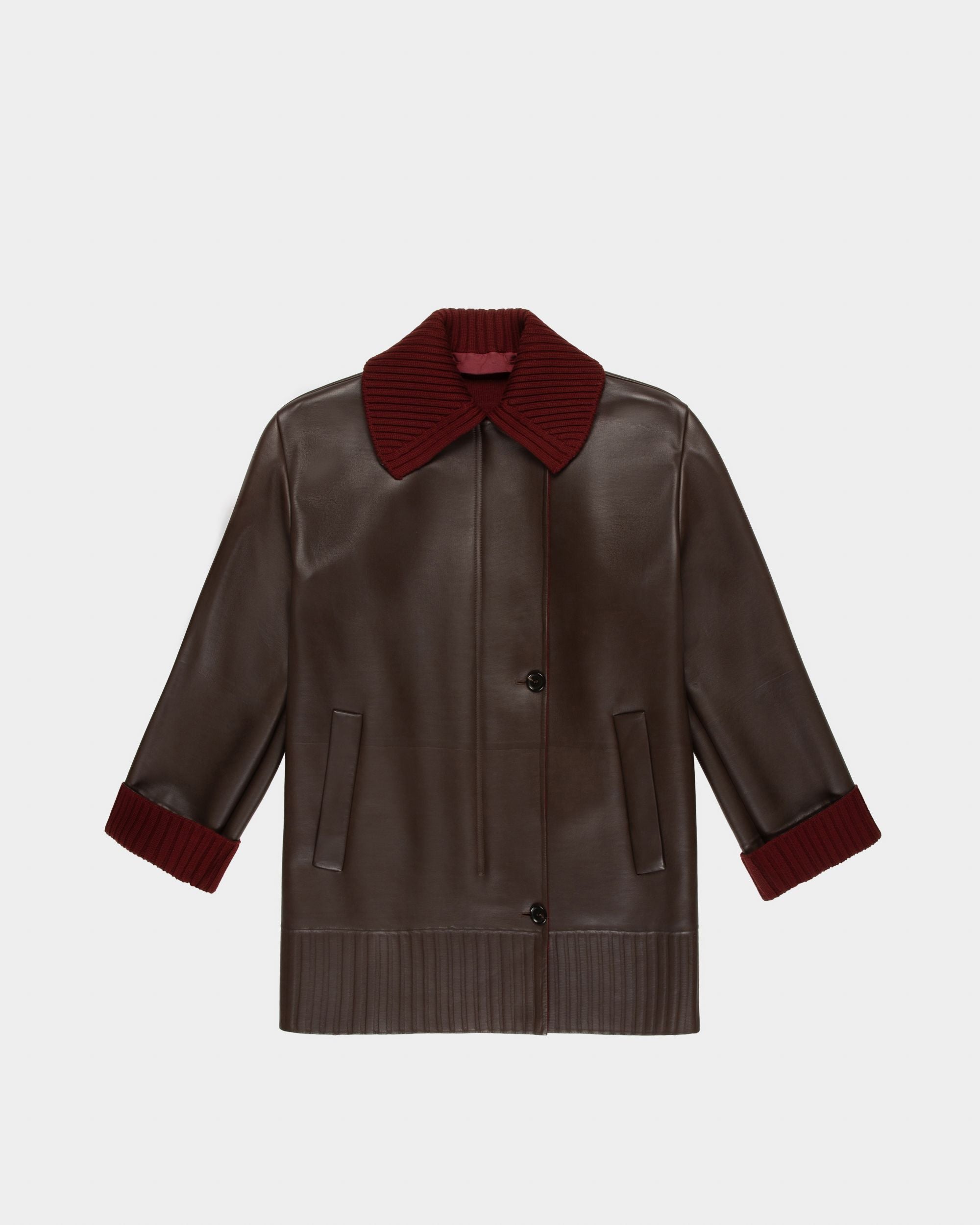 Cappotto In Pelle Marrone Scuro Con Finiture In Maglia - Donna - Bally - 04