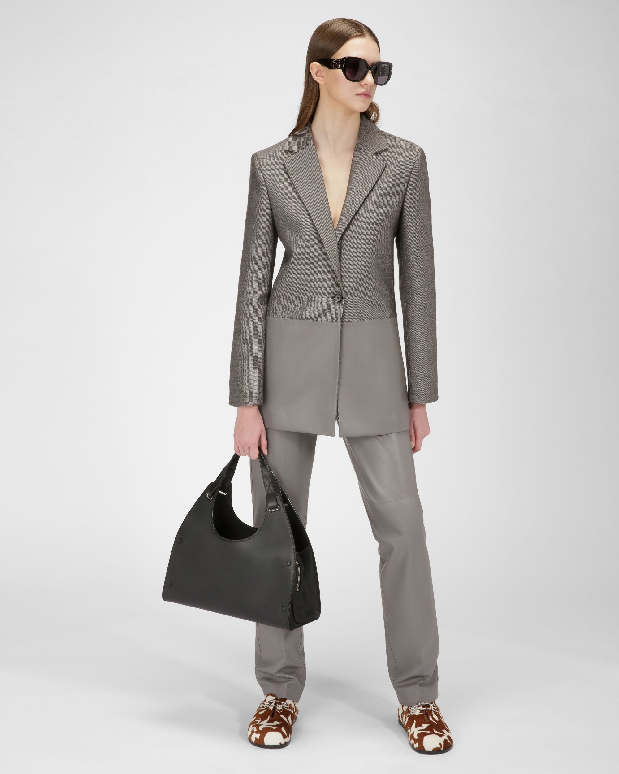 Giacca Con Inserti Di Pelle In Lana Grigia - Donna - Bally - 05