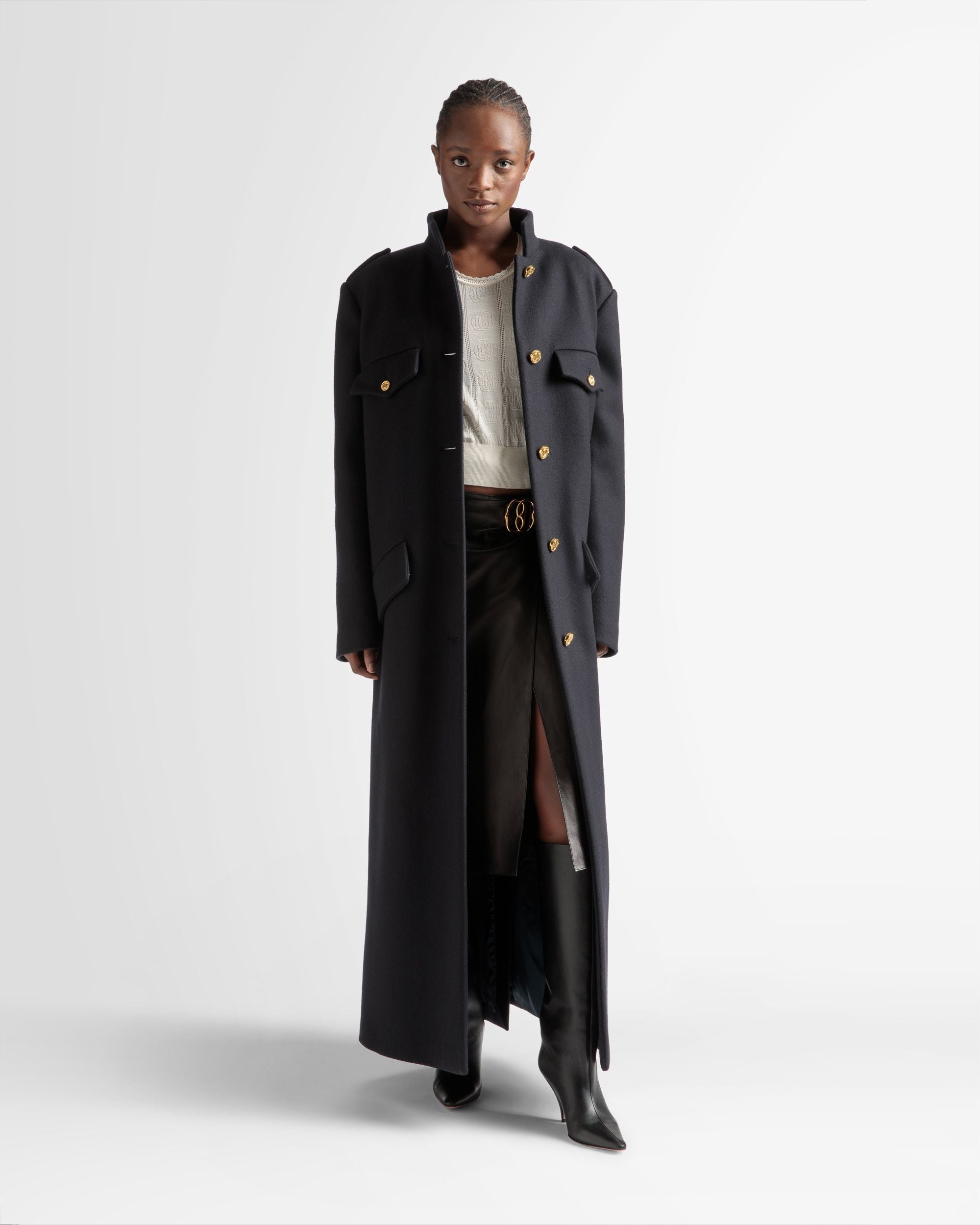 Cappotto Lungo Con Bottoni In Misto Lana Blu Navy - Donna - Bally - 02