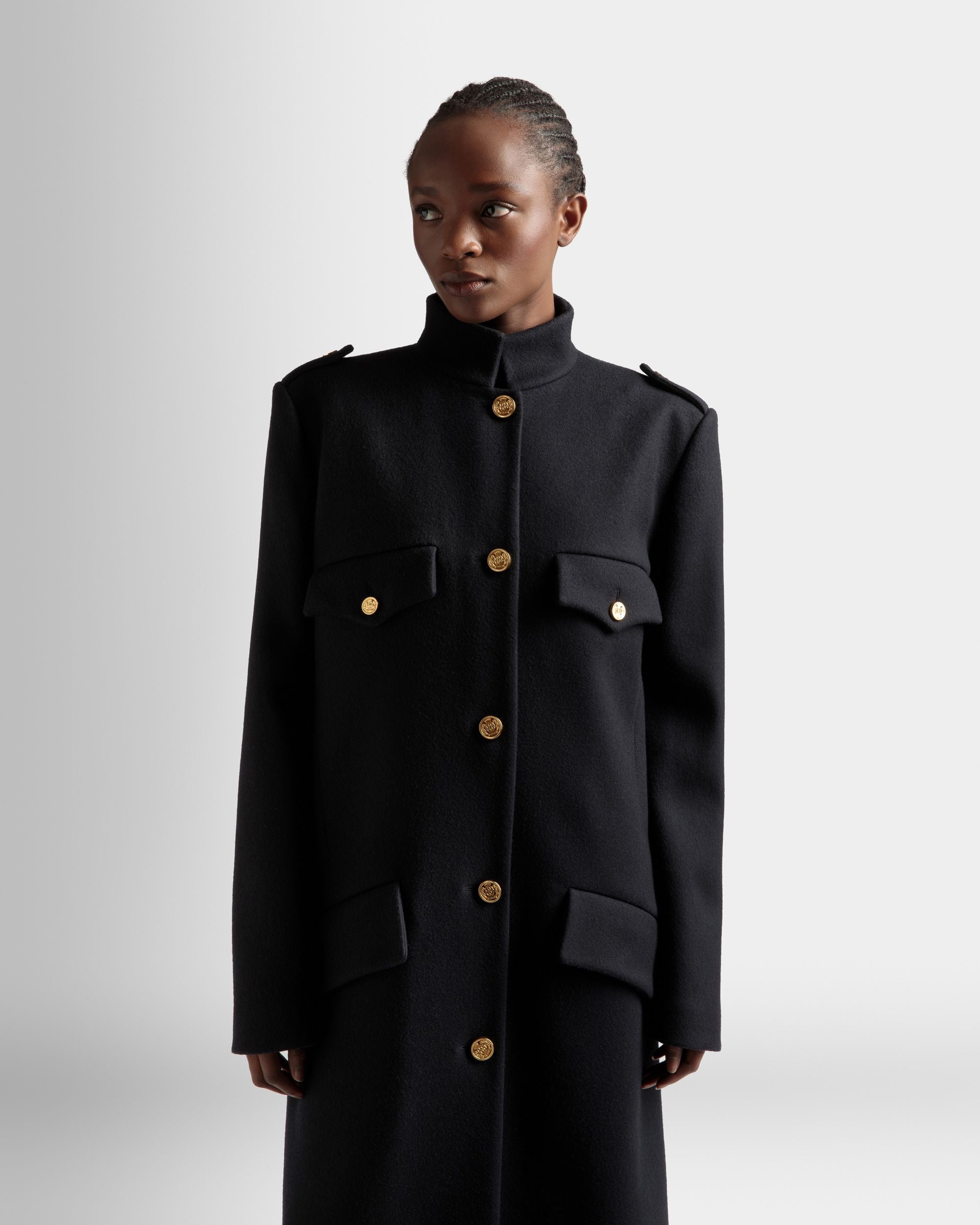 Cappotto Lungo Con Bottoni In Misto Lana Blu Navy - Donna - Bally - 03