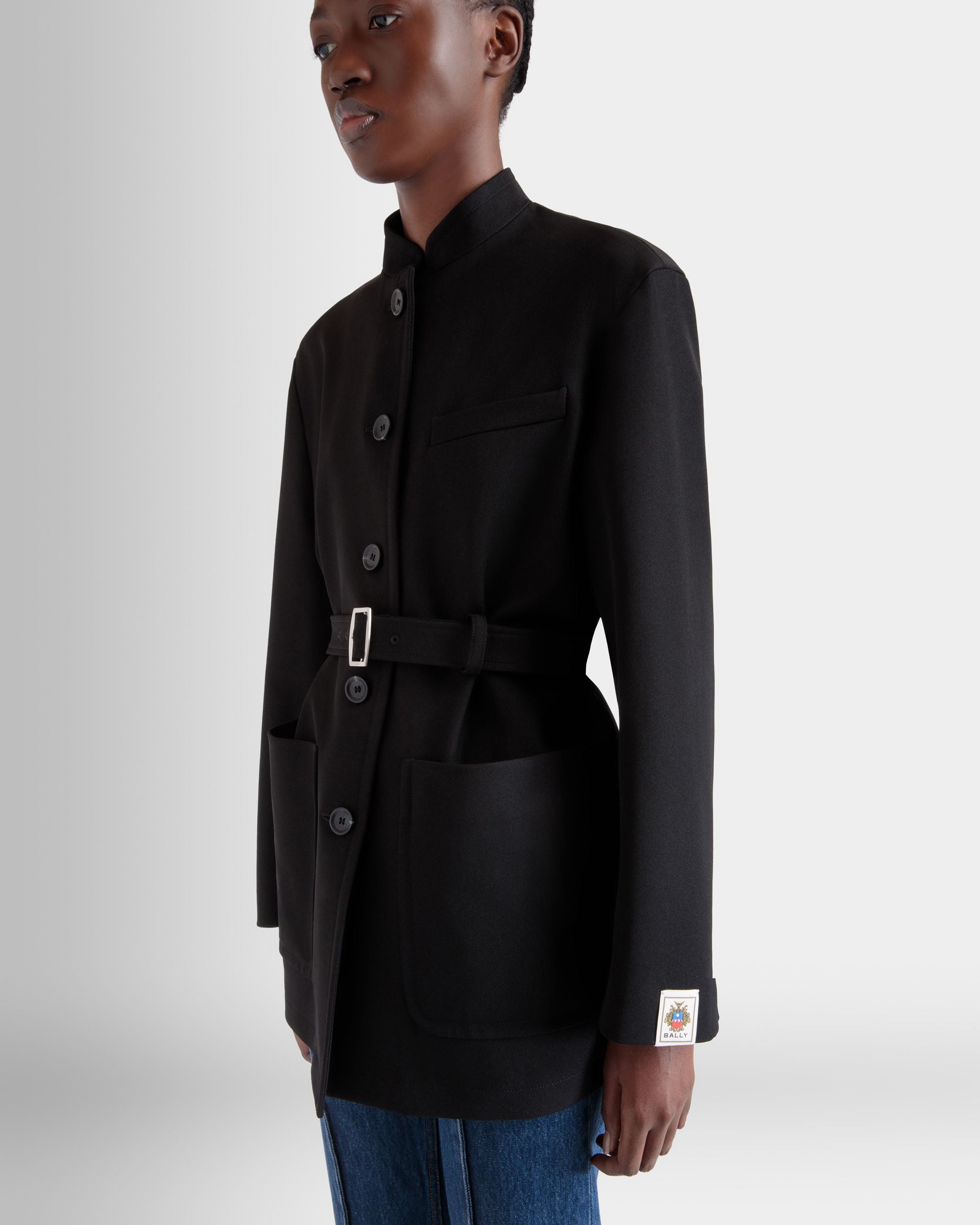 Giacca Con Cintura In Gabardine Di Nylon Nera - Donna - Bally - 02