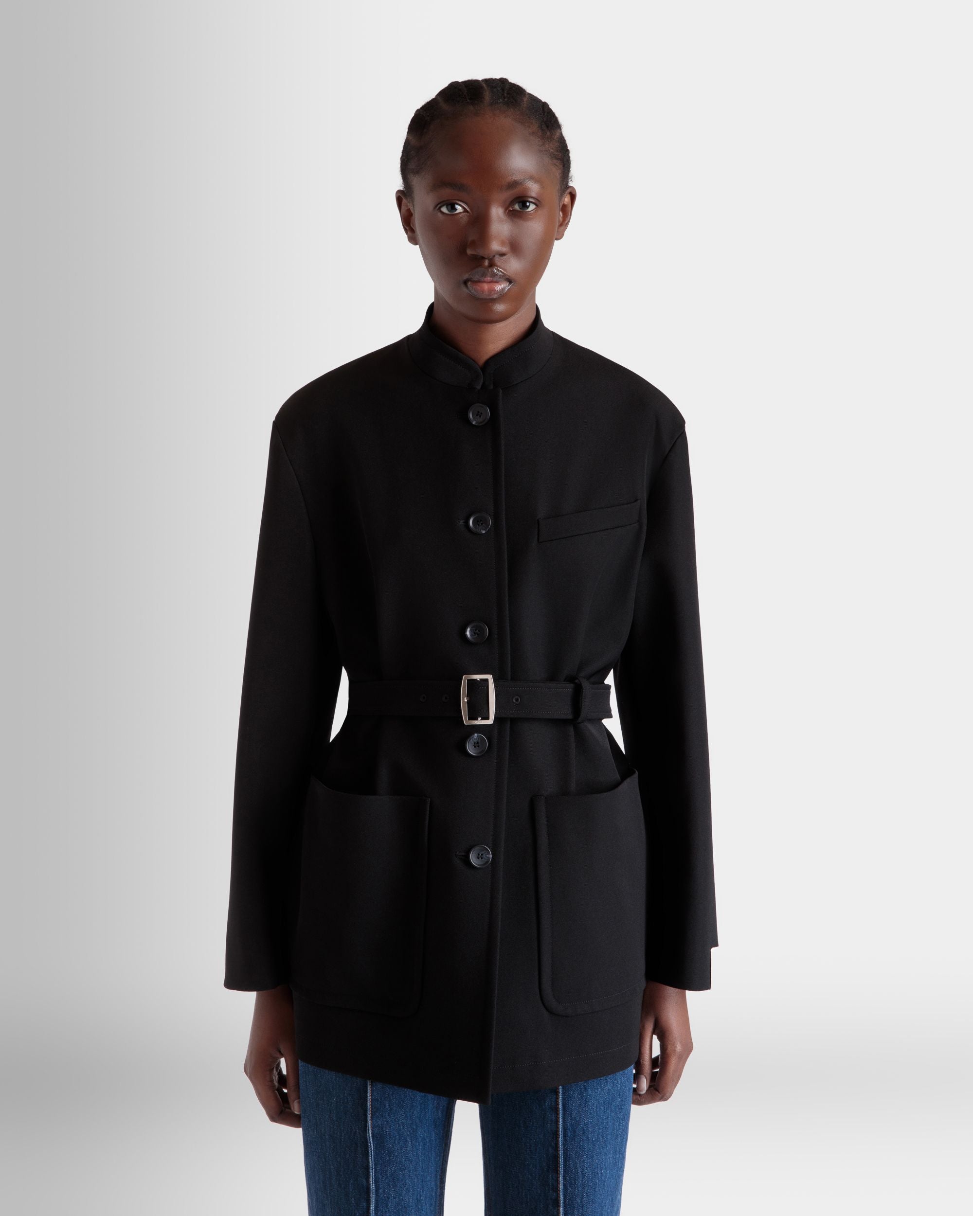 Giacca Con Cintura In Gabardine Di Nylon Nera - Donna - Bally - 06