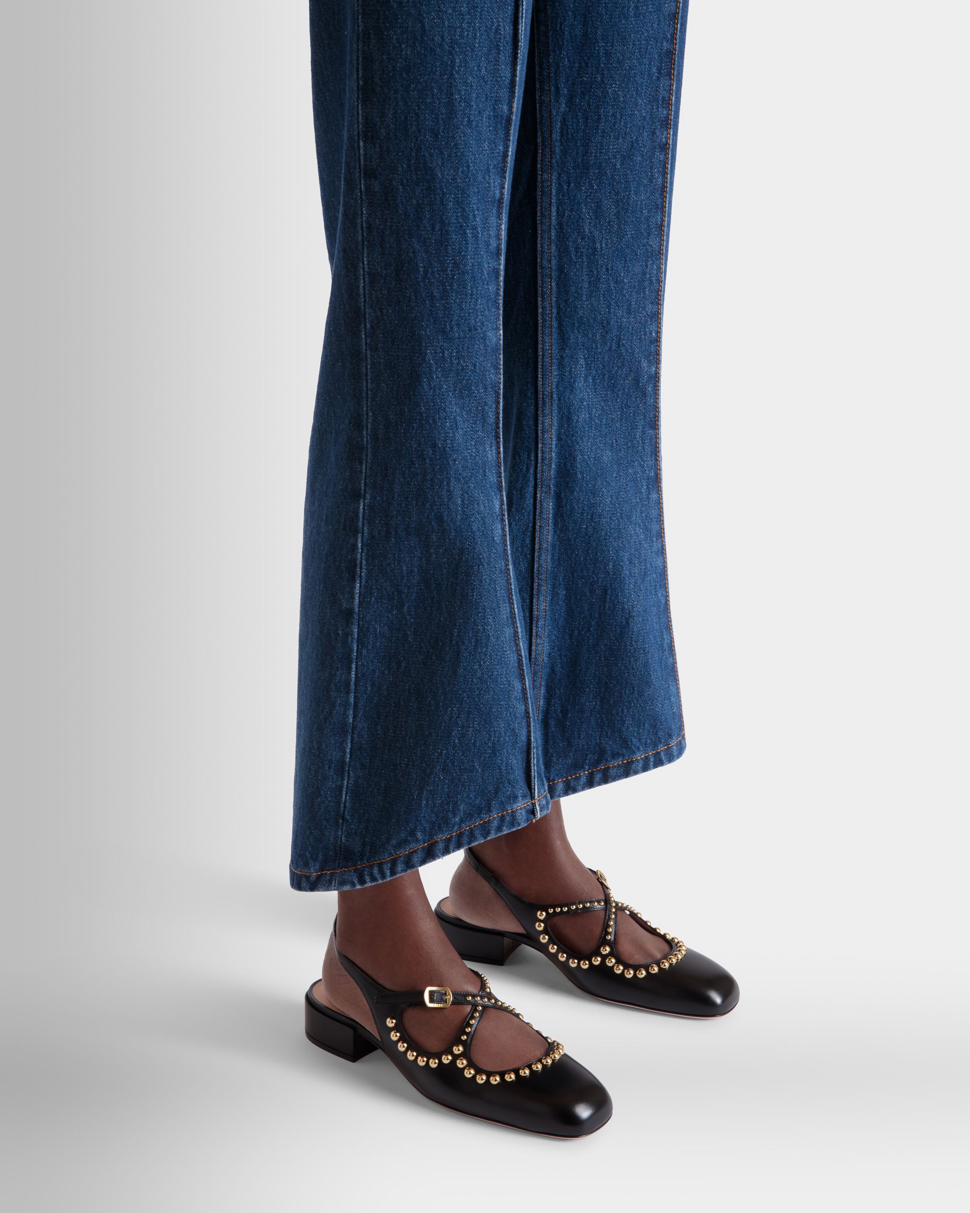 Décolleté Slingback Ballyrina In Pelle Nera Con Borchie - Donna - Bally - 02