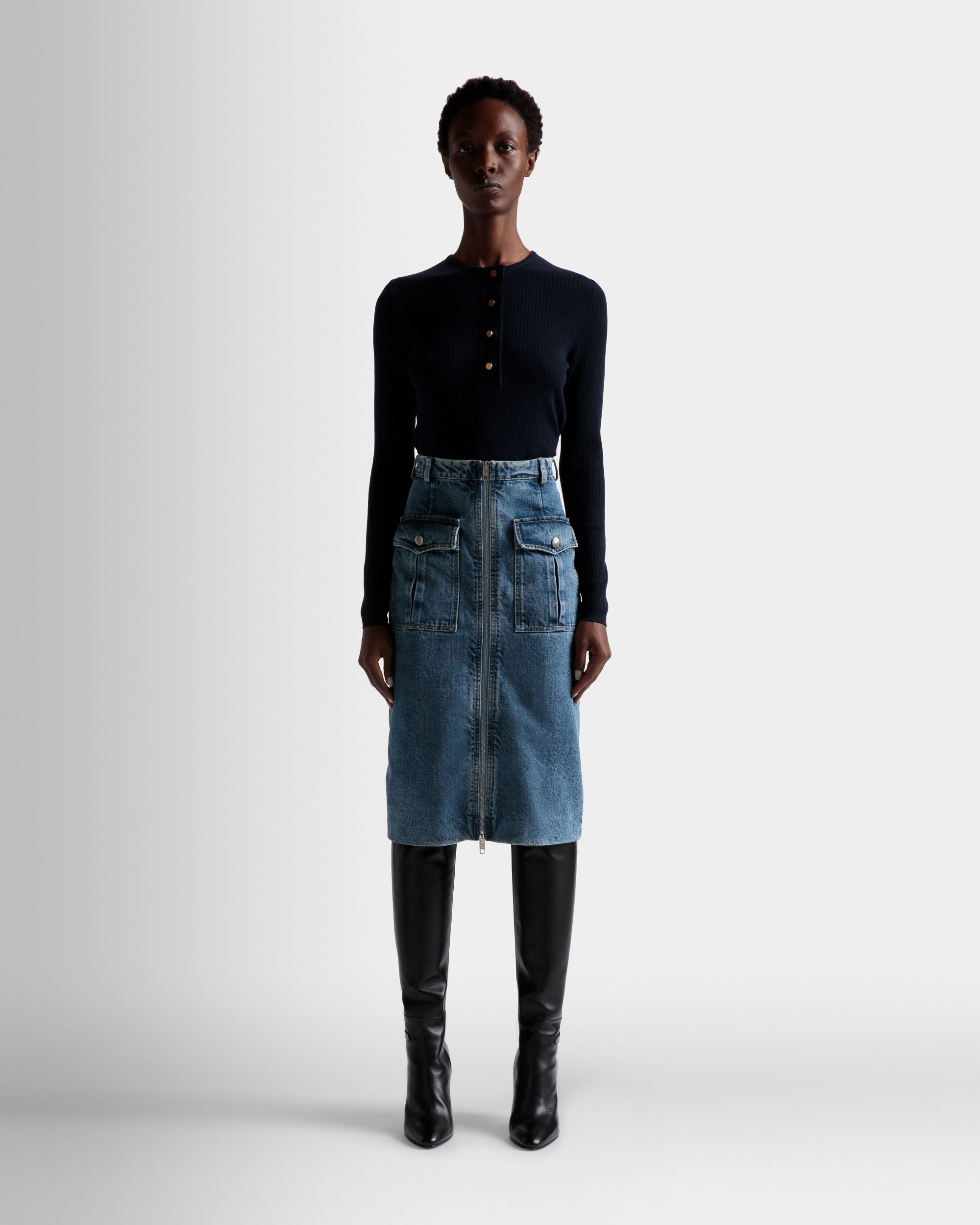 Gonna Al Ginocchio In Cotone Denim Azzurro - Donna - Bally - 02
