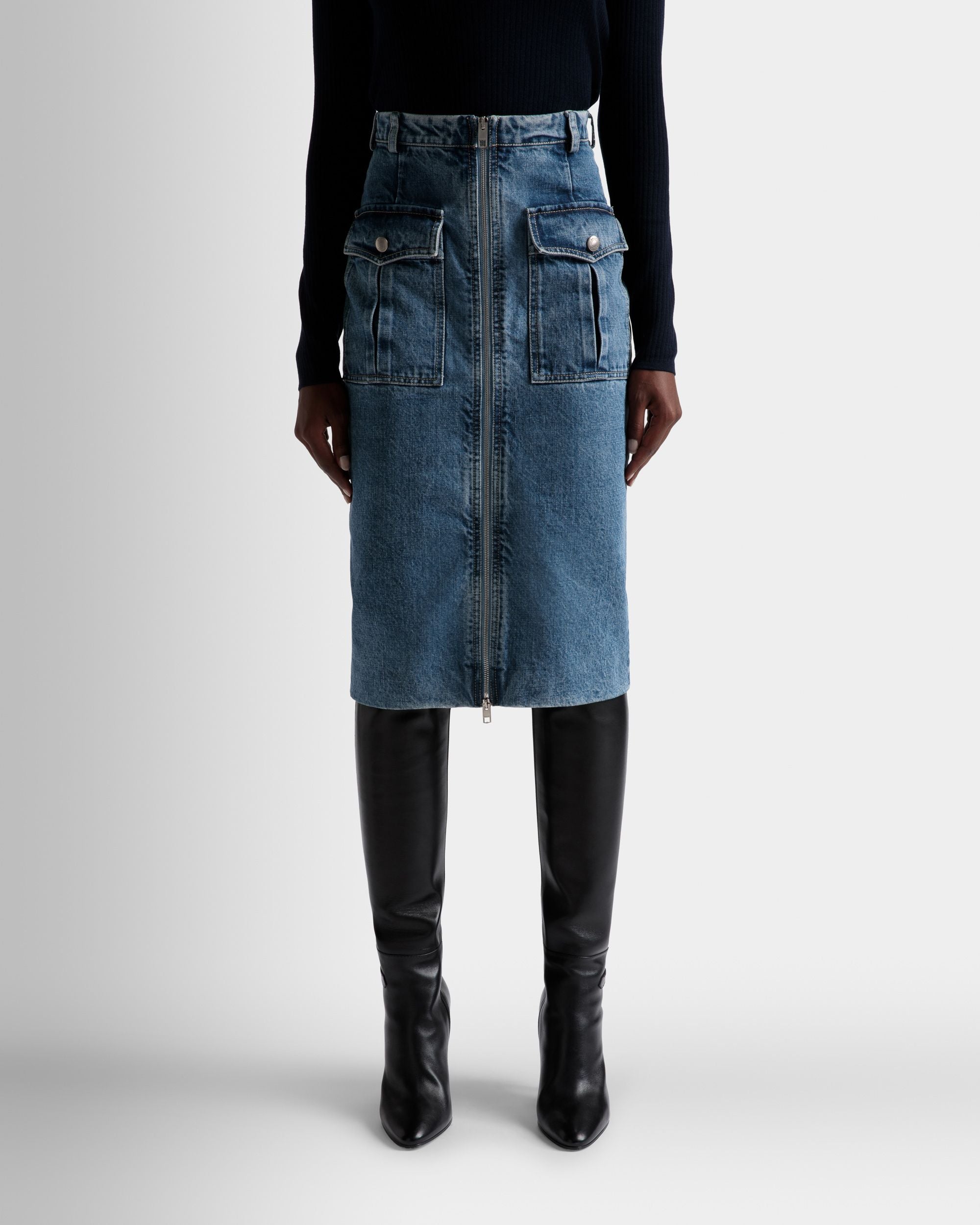 Gonna Al Ginocchio In Cotone Denim Azzurro - Donna - Bally - 03