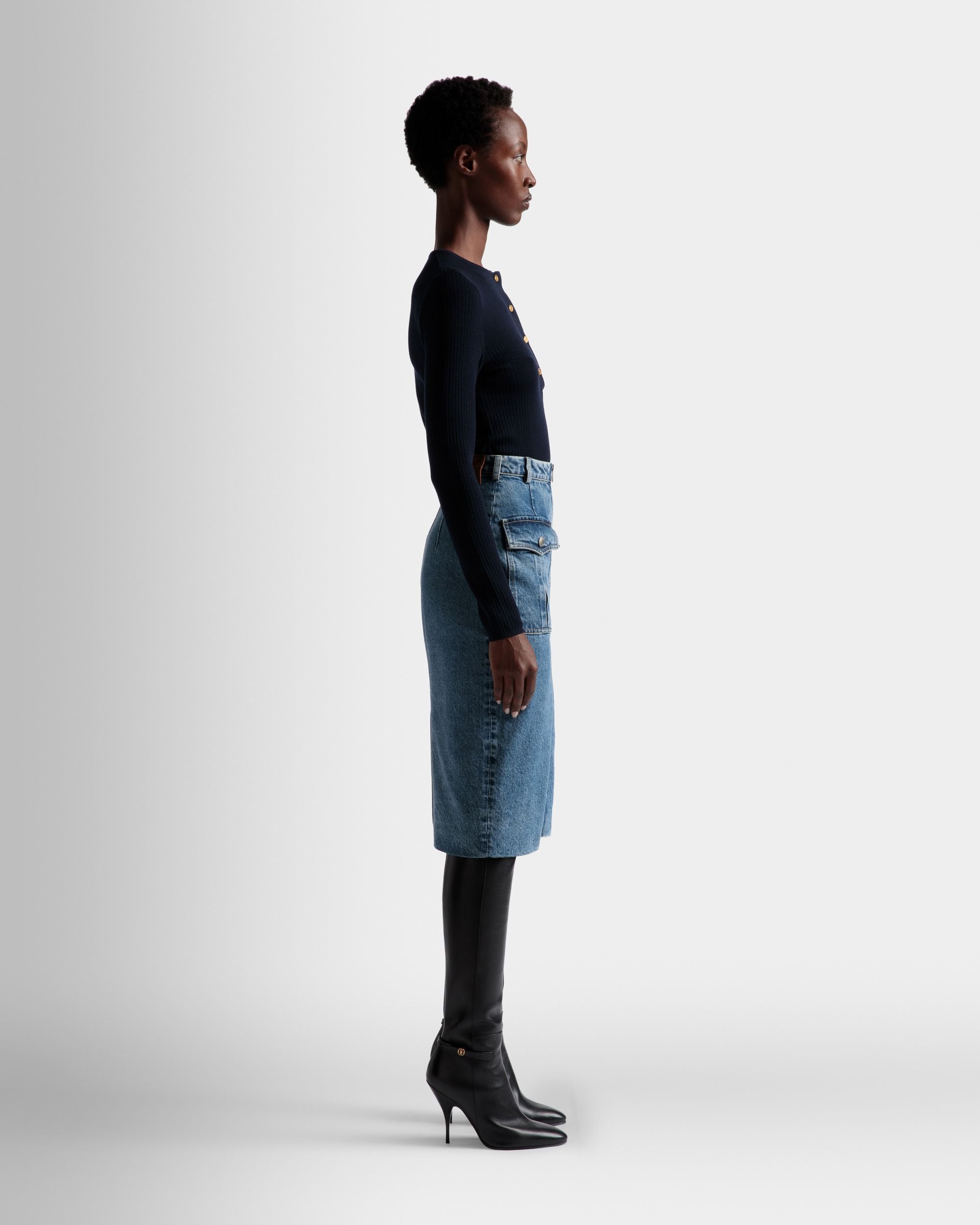 Gonna Al Ginocchio In Cotone Denim Azzurro - Donna - Bally - 05